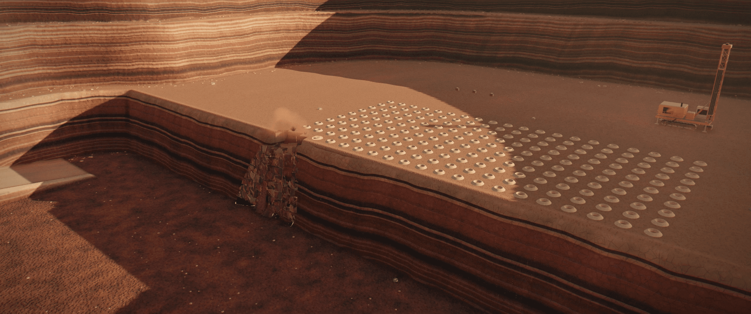 Hamersley North’s production bench firing in the ShockAI Visualiser: the dust rising from two hundred holes as the camera pulls back over the pit.