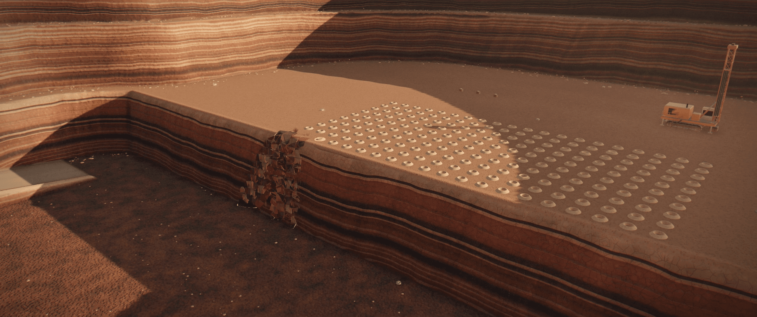 Hamersley North’s production bench firing in the Visualiser’s Cinematic tier: the dust rising from two hundred holes as the camera pulls back.